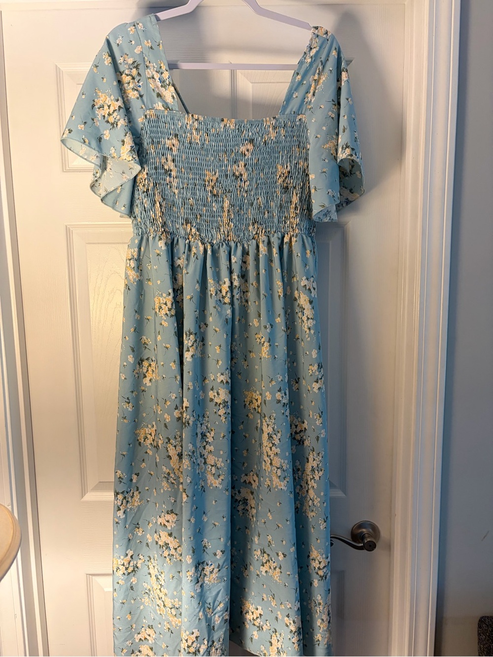 Smocked Bodice Light Blue Floral Maxi Dress